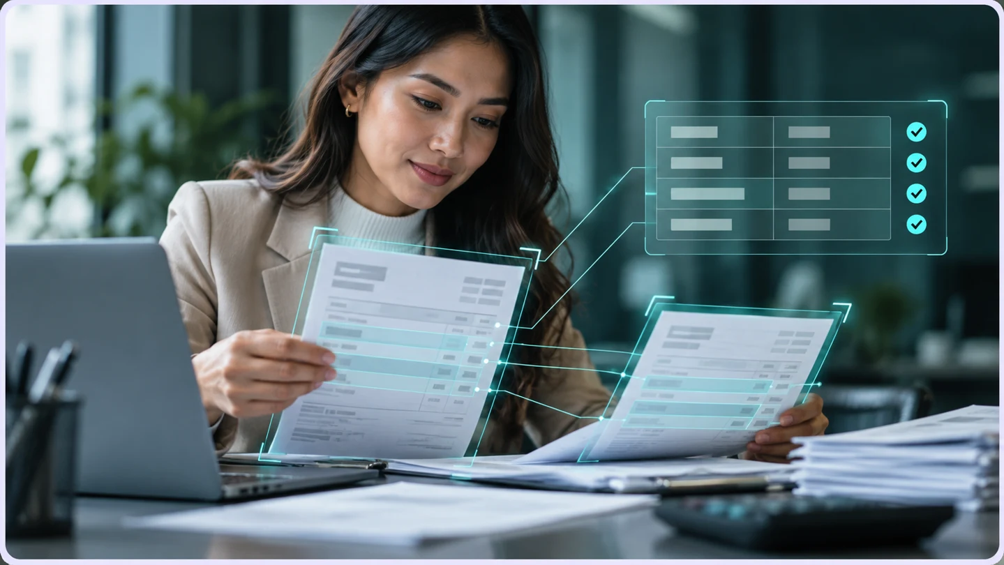 Financial document data extraction with a finance professional reviewing invoices and bank statements through digital data overlays