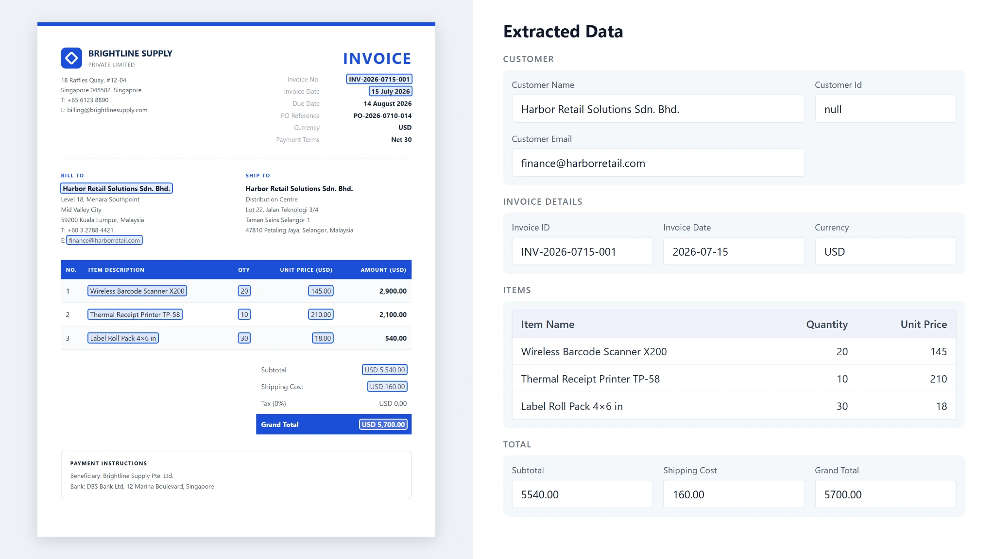 Invoice data extraction showing supplier details, line items and totals beside the source invoice
