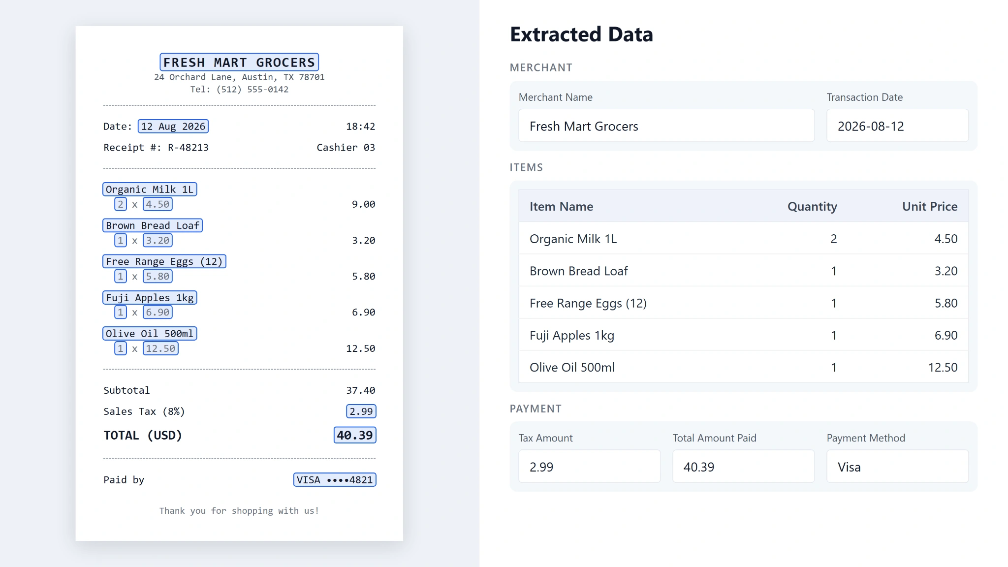 Receipt data extraction showing merchant details, purchased items and amounts beside the source receipt