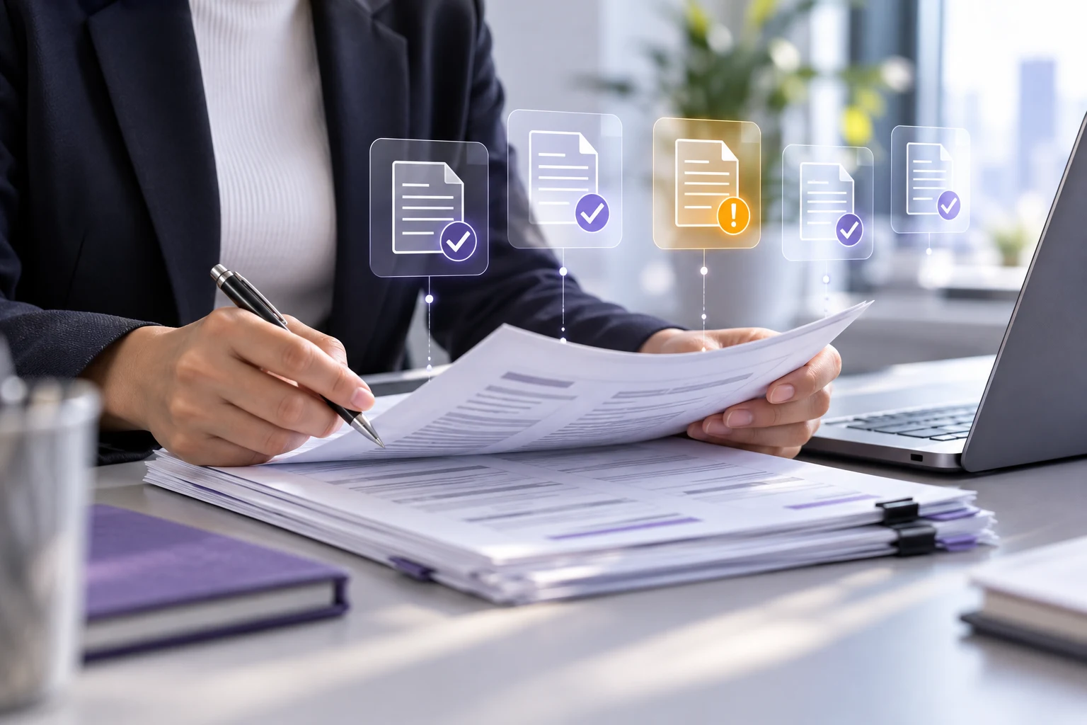 Credit analyst reviewing loan documents with digital validation checks and an exception flag